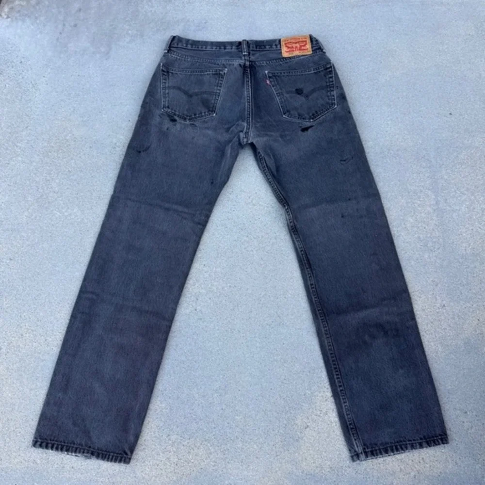 Levis 505 Mens Jeans 34x34 Faded Black Distressed Button Fly‎